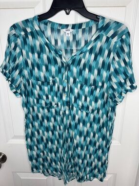 EUC Printed Teal and White Blouse by Sonoma